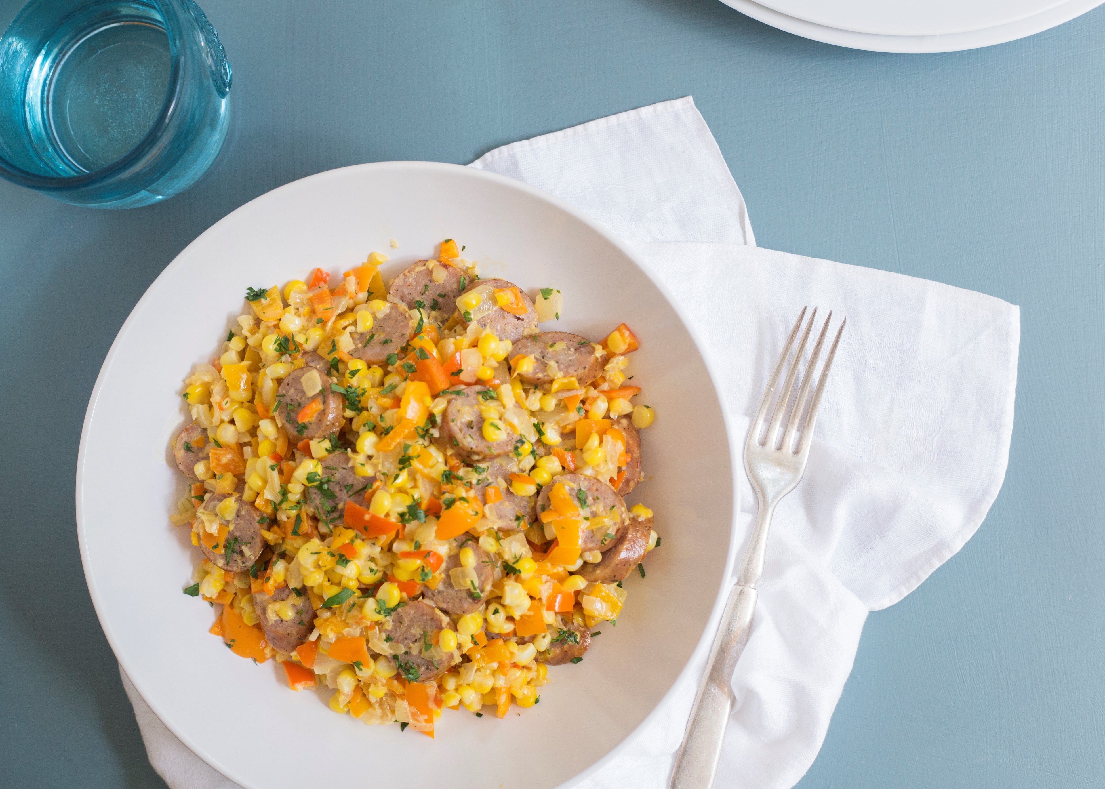 Smoked Chicken Sausage Maque Choux with Corn & Sweet Peppers