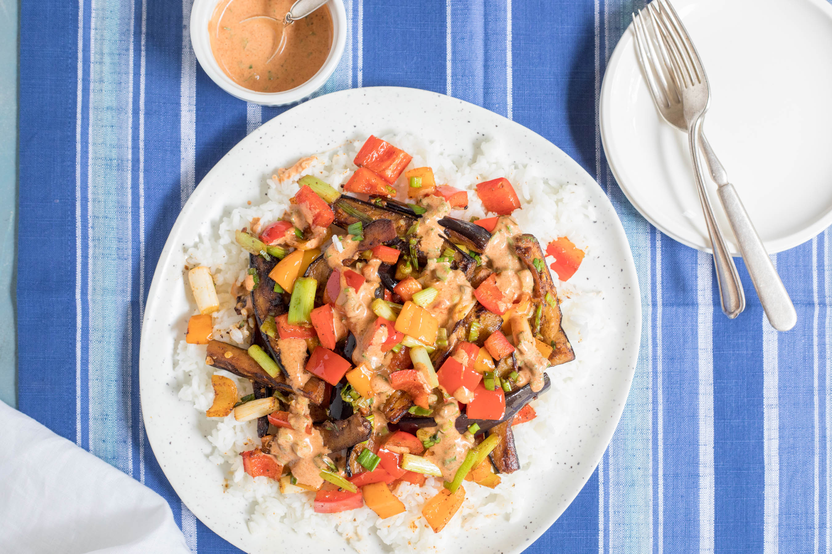 Cajun-Spiced Eggplant & Peppers with Remoulade over Long-Grain Rice