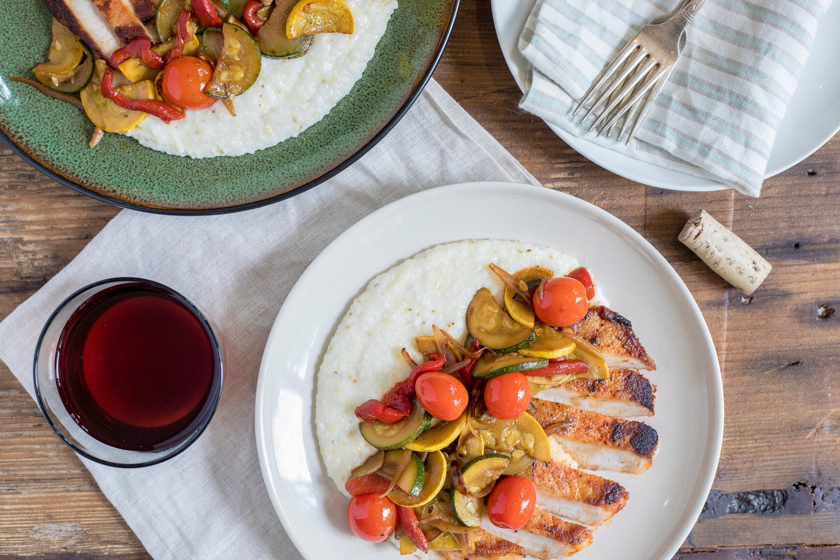 Paprika-Rubbed Pork Chops with Sautéed Squash, Tomatoes & Cheese Grits